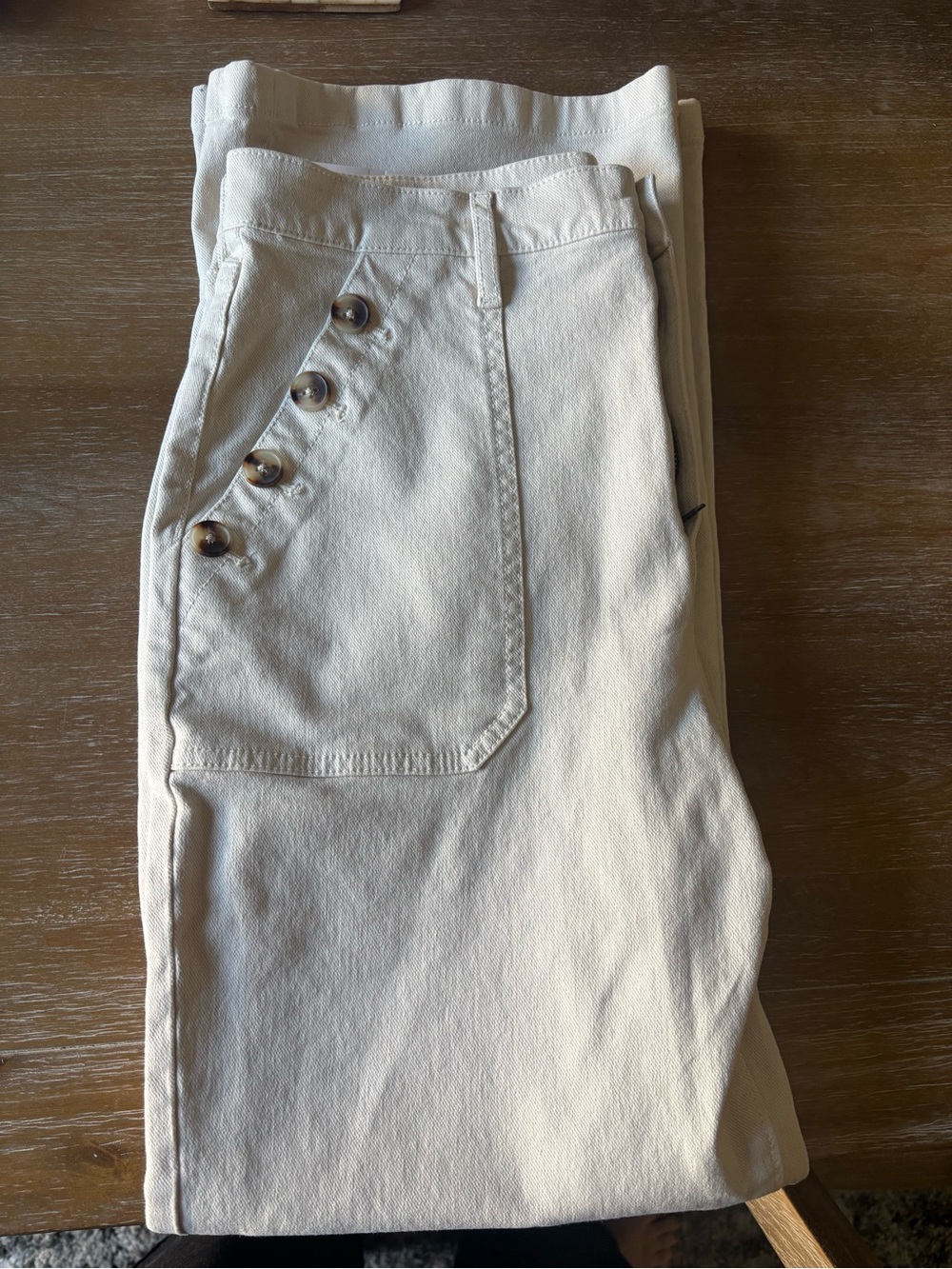 LOFT Cream Wide Leg Jeans with Button Pocket Detail